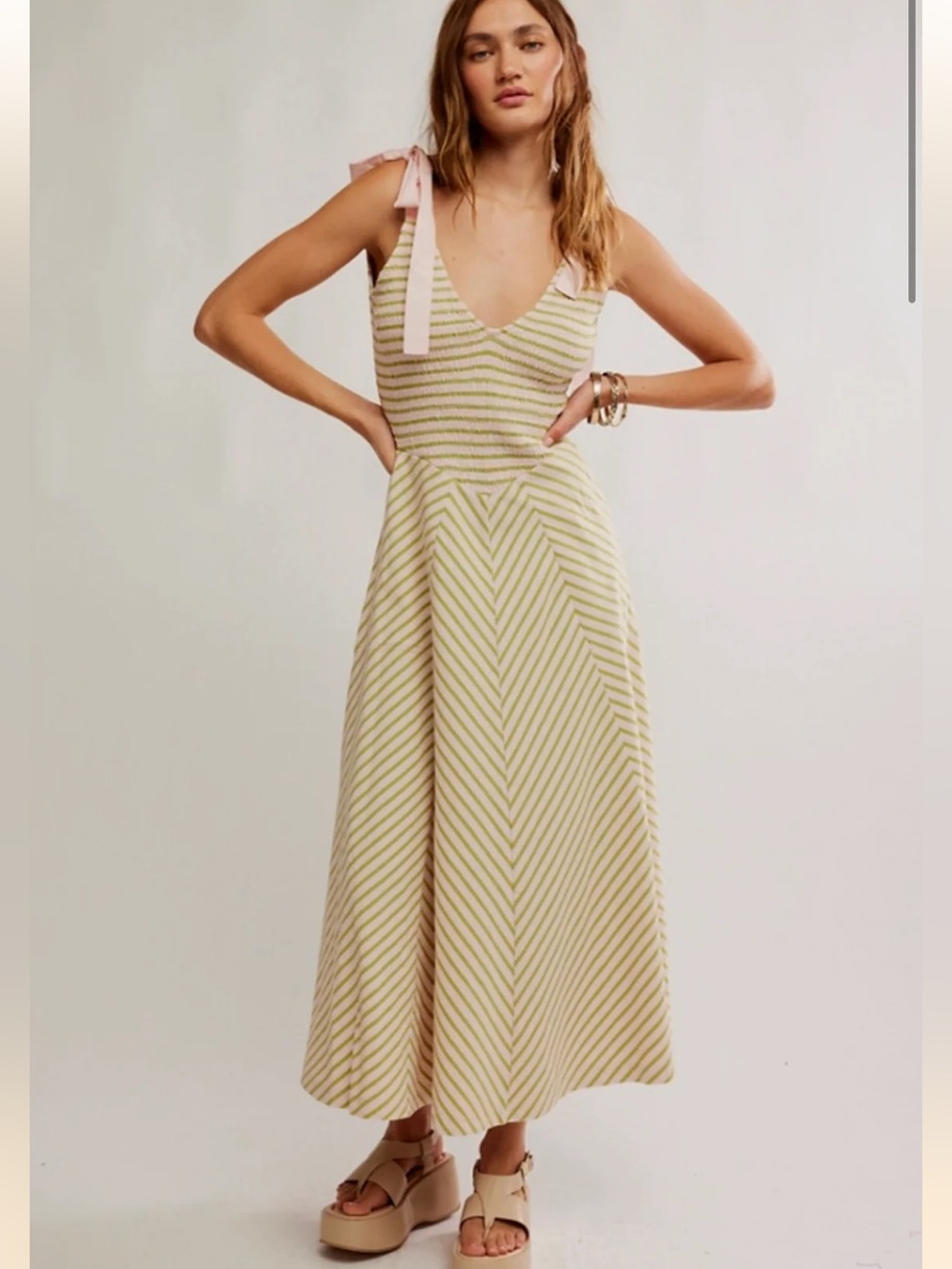 Free People Cecelia Stripe Tie Shoulder Midi Dress L NWT